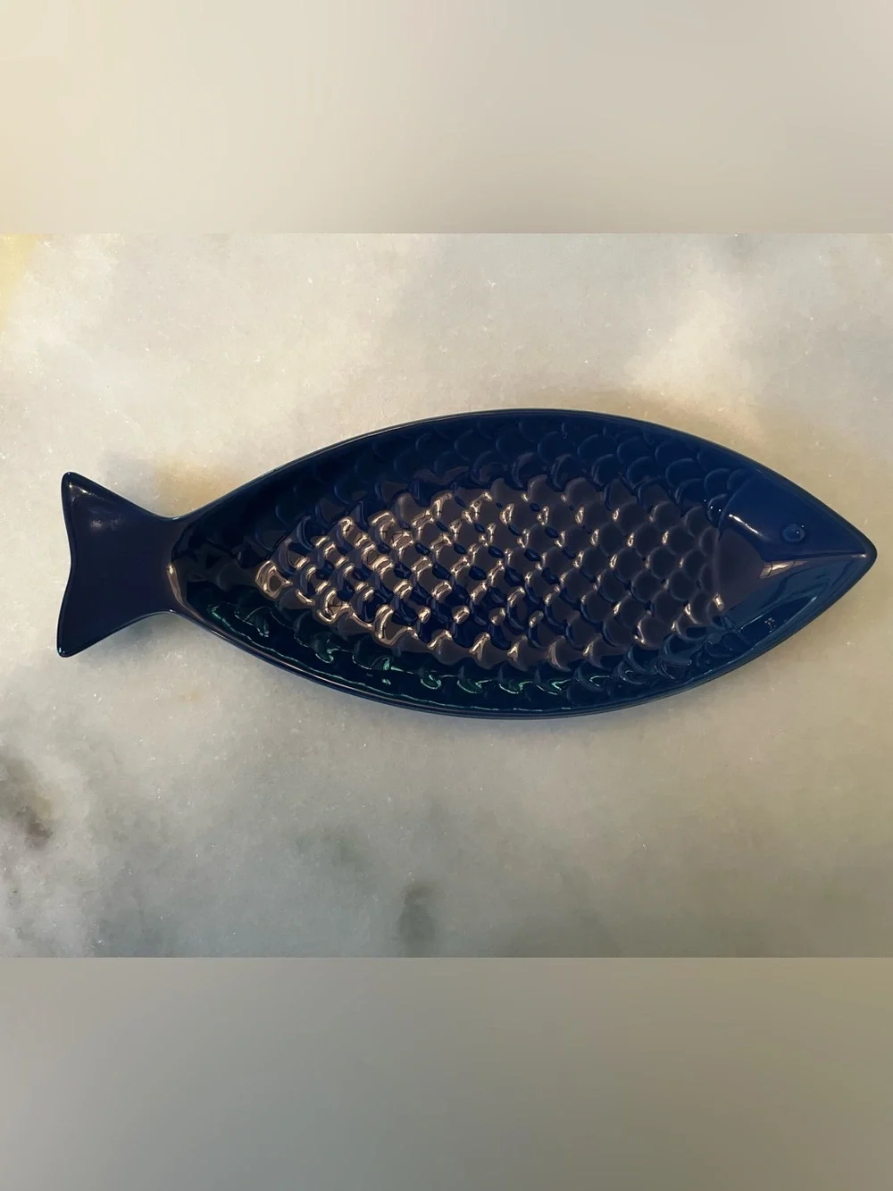 Crate & Barrel Cobalt Blue Ceramic Fish Spoon Rest Embossed Scales Discontinued